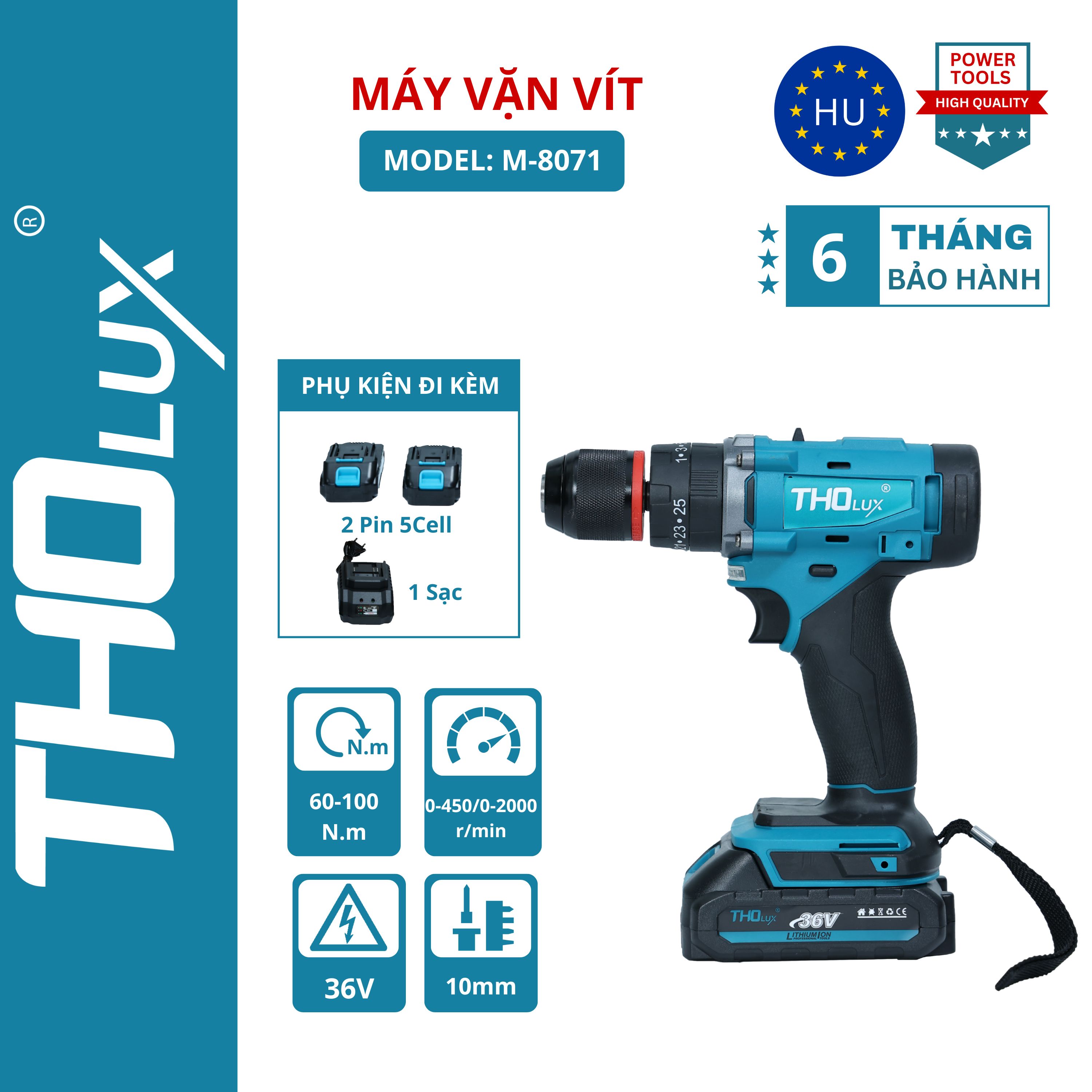 Máy vặn vít Tholux M-8071 Dùng pin Không Chổi Than, Lực Siết 100N.m