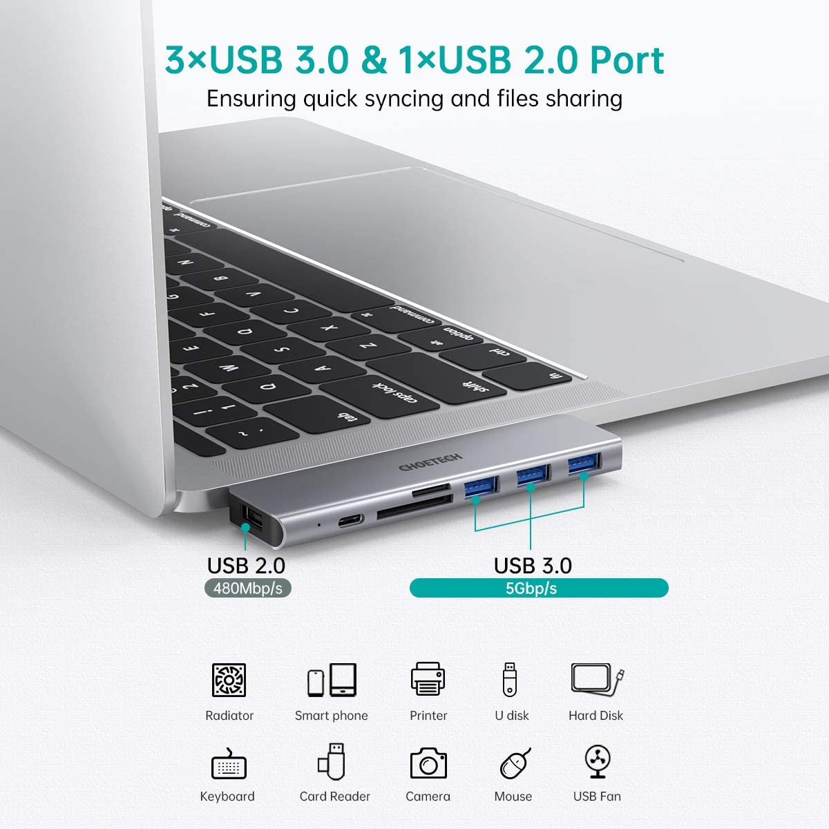 Hub type c chia cổng  Dual Type-C 7 in 1 hỗ trợ sạc nhanh 100W cho Macbook / laptop Type-C hiệu CHOETECH M23 ra 3 cổng USB 3.0, 1 cổng USB 2.0, Cổng đọc thẻ SD &amp; Micro SD, sạc nhanh chuẩn Thunderbolt 3 0 - Hàng chính hãng