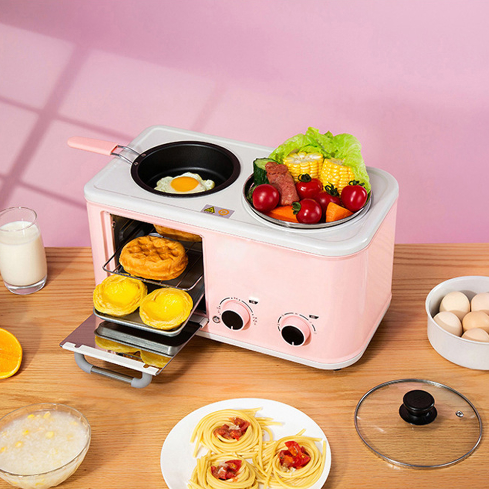 Máy Nướng Bánh Mì Sandwich Màu Hồng, lò nướng 4in1 Tích hợp Đun, Hấp, Chiên rán, Lò vi sóng
