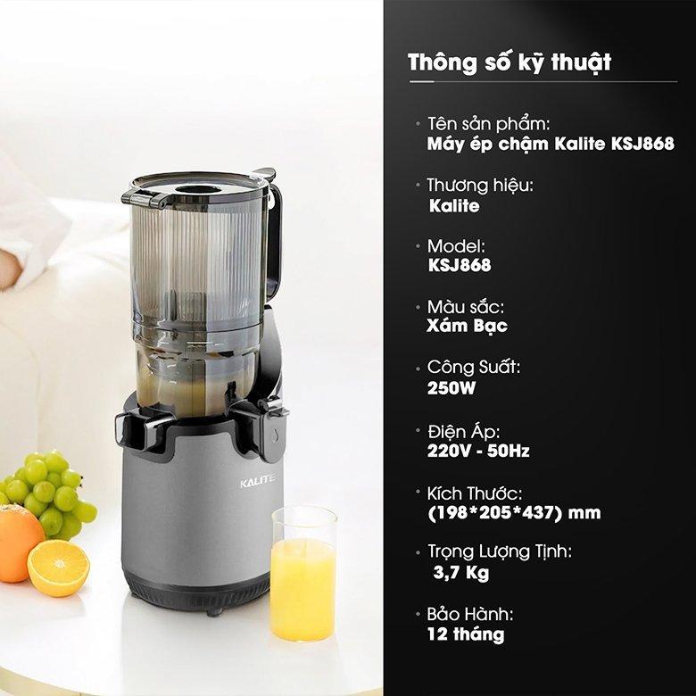 Máy Ép Chậm Kalite KSJ868, Công Suất 250w - Ống Tiếp 130mm, Ép Nguyên Quả Dễ Lắp Đặt và Vệ Sinh Máy, Hàng Chính Hãng