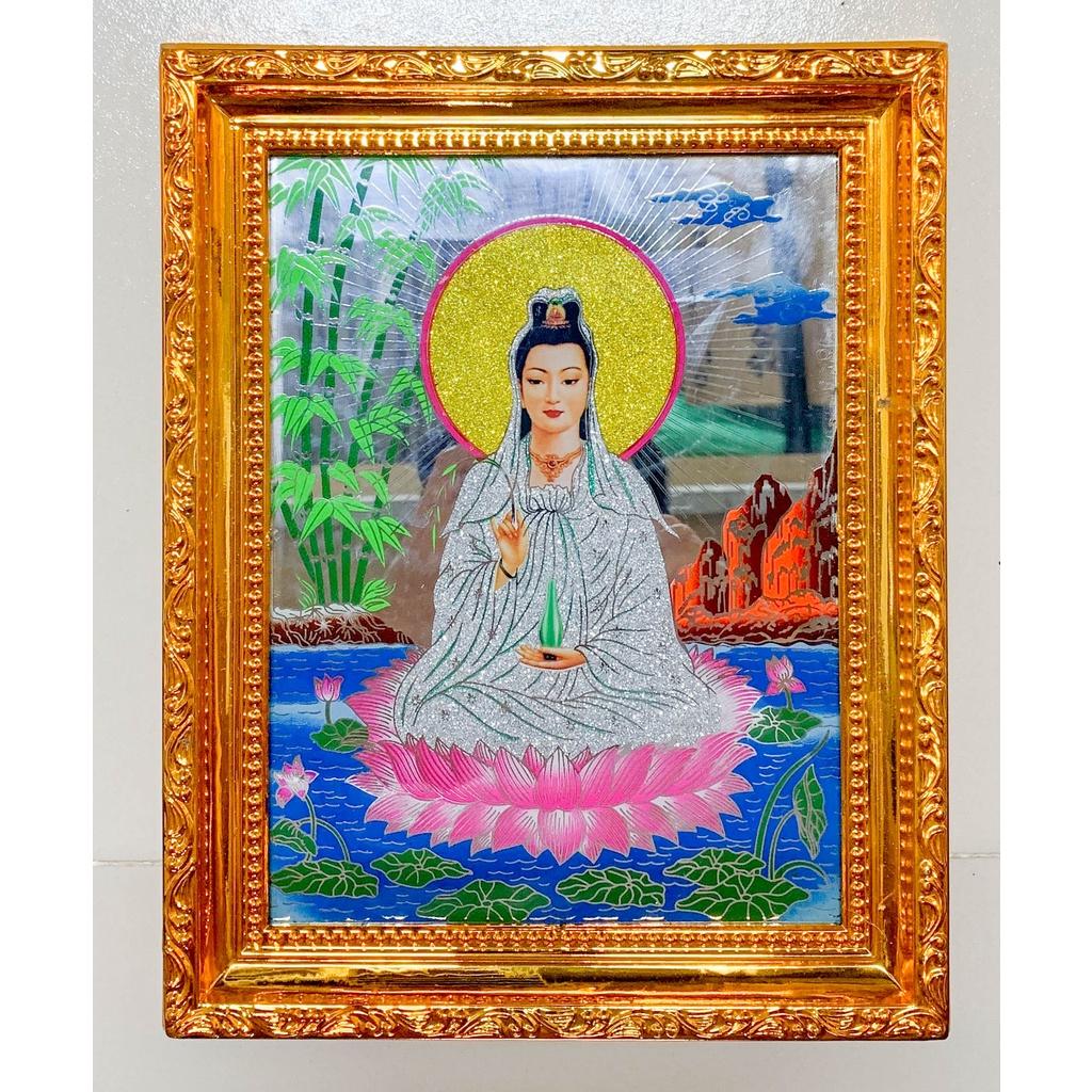 Tranh kiếng thờ mẹ Quan Âm ngồi Đài Sen - khung nhựa cứng mạ vàng