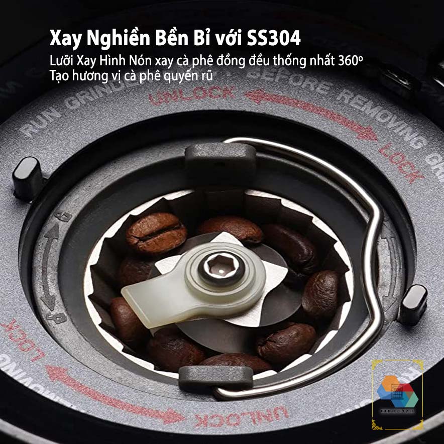 Máy xay cà phê HTG CG015 lưỡi dạng nón, 31 cấp độ xay mịn đa năng, pha chế cho máy pha espresso đồng nhất, tích hợp 2 vòng đệm tránh rơi vãi