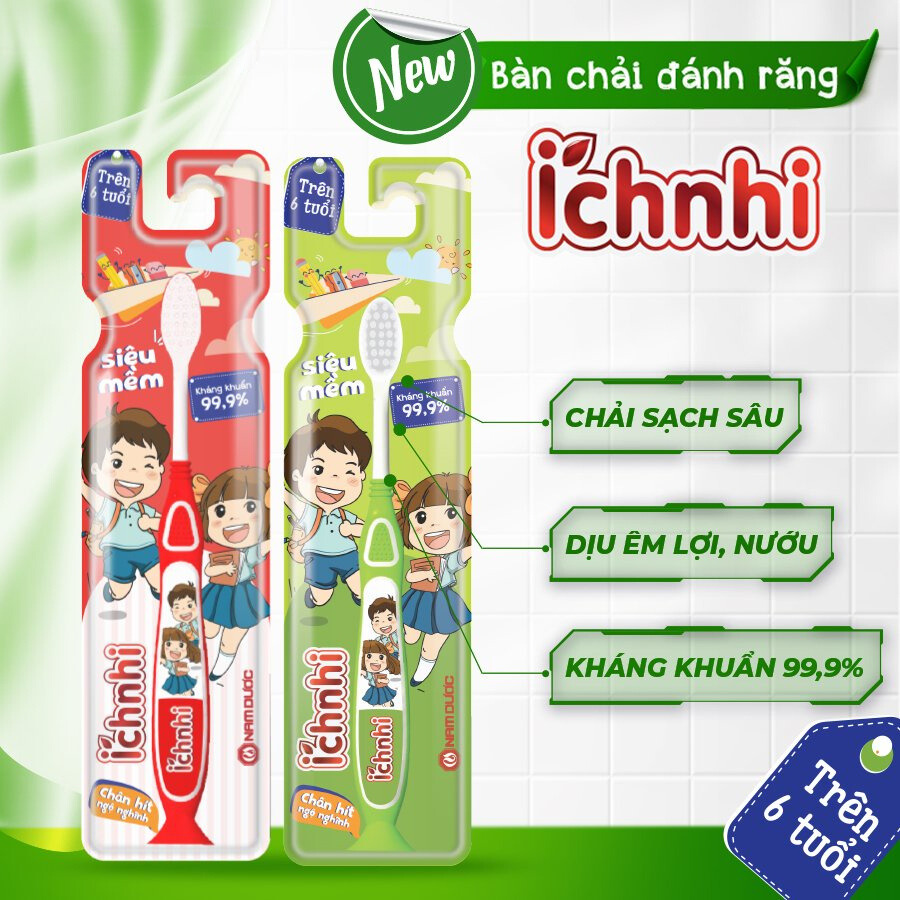 Bàn chải đánh răng cao cấp Ích Nhi cho trẻ em trên 6 tuổi lông siêu mềm mịn, chải sạch sâu, kháng khuẩn 99.9%