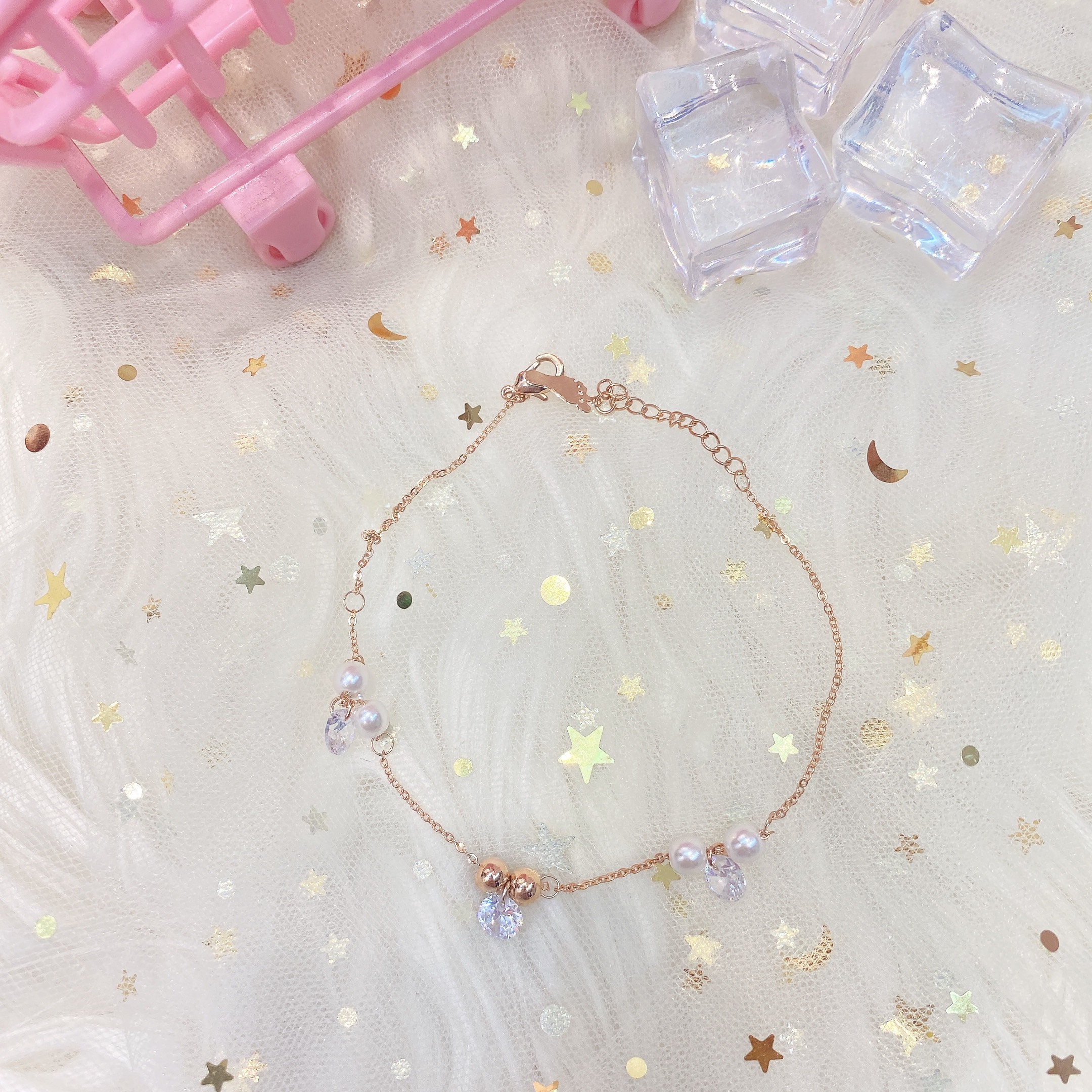 Lắc chân nữ thời trang xi cao cấp dây nhuyễn kiểu hột đá lấp lánh kết hợp hạt châu cực xinh - 240LCHCHV01