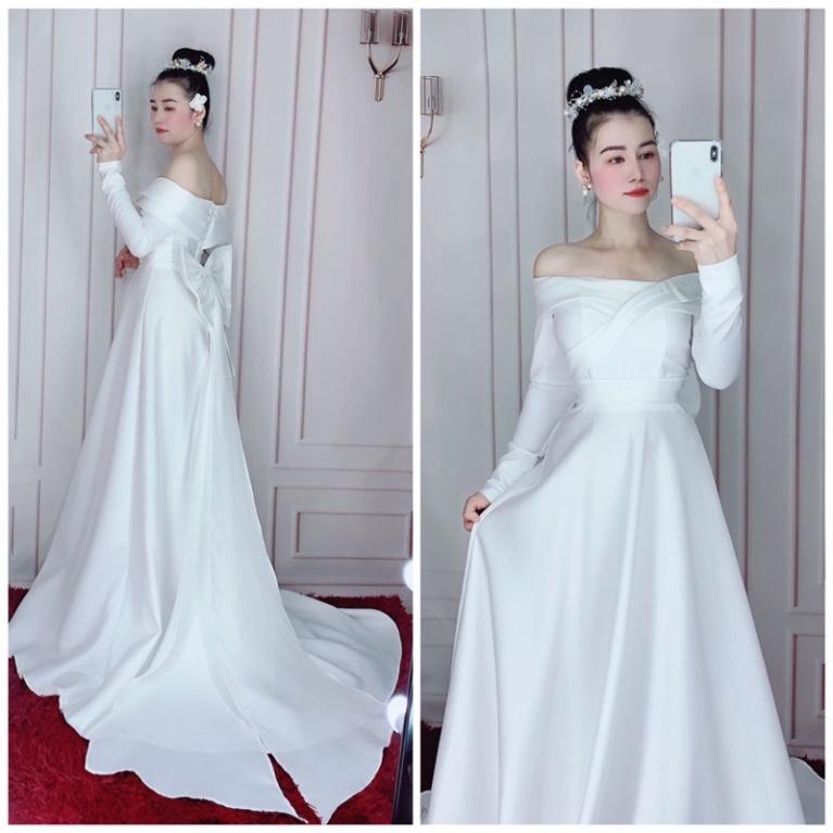 Ảnh thật Đầm váy maxi mặc cưới phi nhật dày dặn đuôi dài trắng đỏ cúp ngực trễ vai đi biển dự tiệc dạo phố bigsize