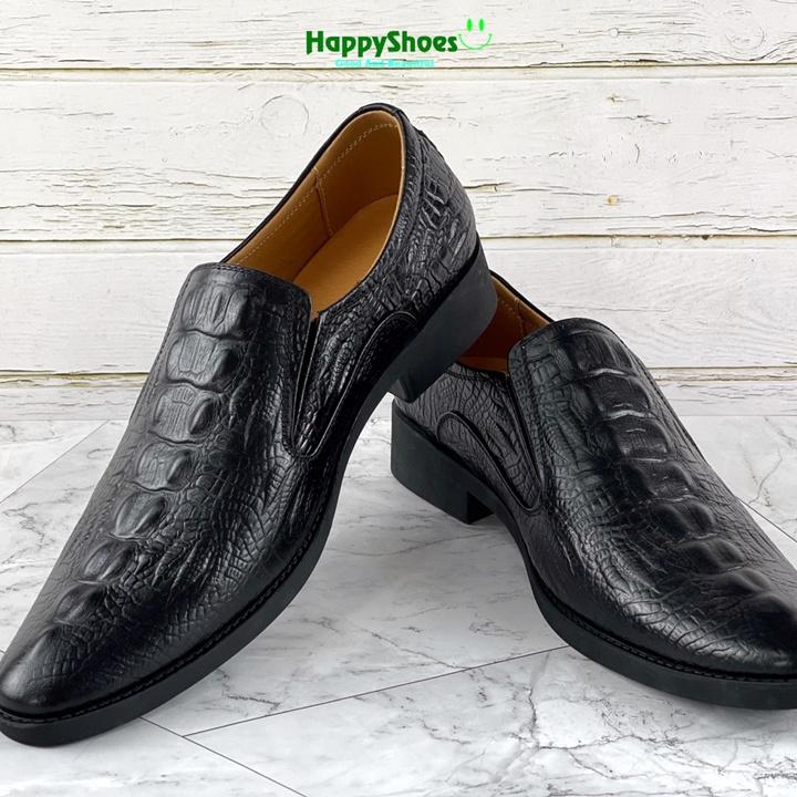 Giầy da nam dáng lười da bò dập vân cá sấu - HS09 đen