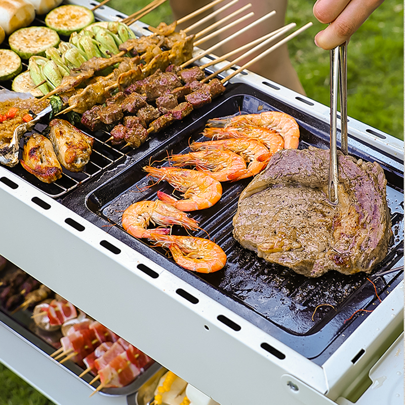 Bếp Nướng Than Hoa Không Khói Ngoài Trời BBQ Gấp Gọn Dễ Mang Theo Đi Dã Ngoại Tặng Kèm Bộ Phụ Kiện 2 Vỉ Nướng, 1 Vỉ Rán, 1 Hộp Đựng, 1 Kẹp