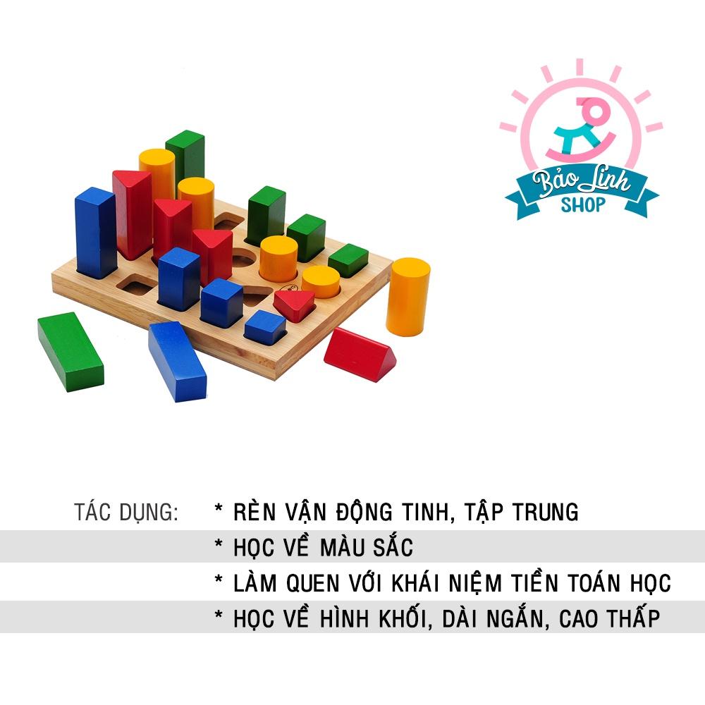 Giáo cụ Montessori cho bé 2 tuổi - Cọc so sánh cao thấp cho bé làm quen với toán học