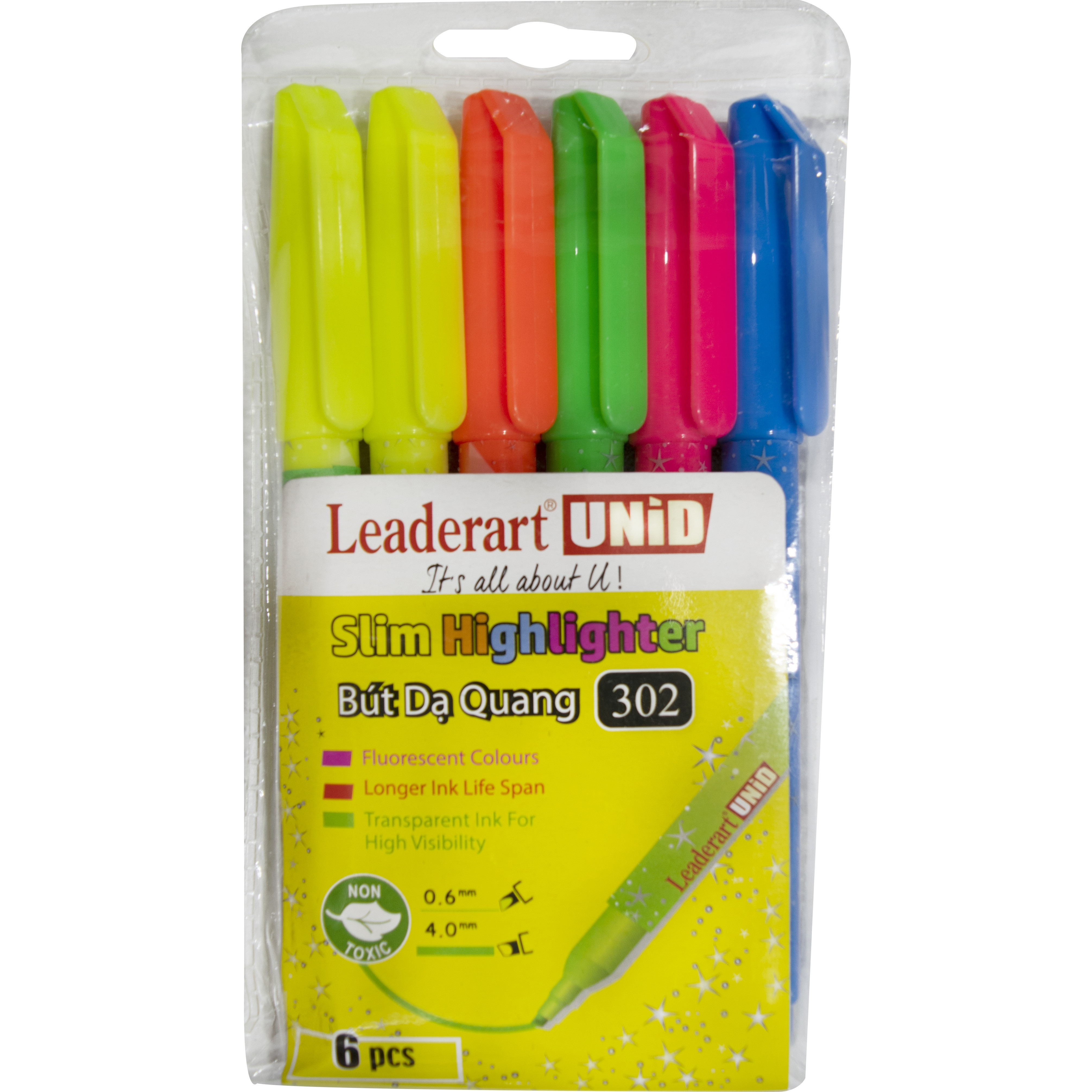 Bút dạ quang Leaderart LA302HL thân mảnh có nắp cài nhựa - Vỉ  hỗn hợp nhiều màu, giao ngẫu nhiên