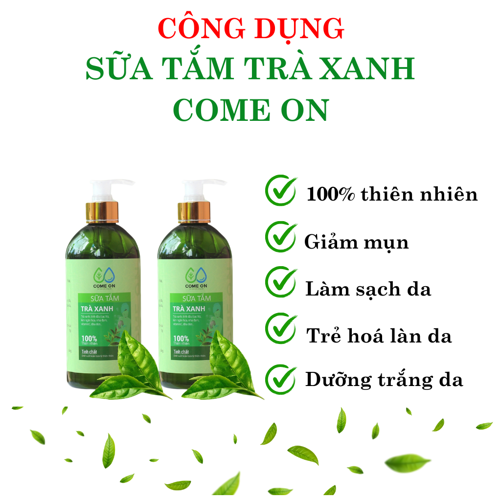 Sữa tắm trà xanh Come on chai 500ml, tặng túi thơm cà phê, sữa tắm trắng da toàn thân, sữa tắm trị mụn lưng, cấp ẩm cho da