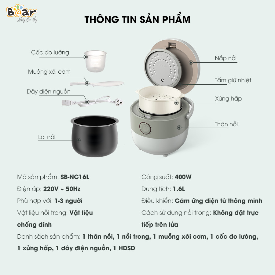 Nồi Cơm Cao Tần, Nồi Cơm Điện Thông Minh BEAR SB-NC16L Dung Tích 1.6 Lít Công Suất 400 W - Hàng Chính Hãng