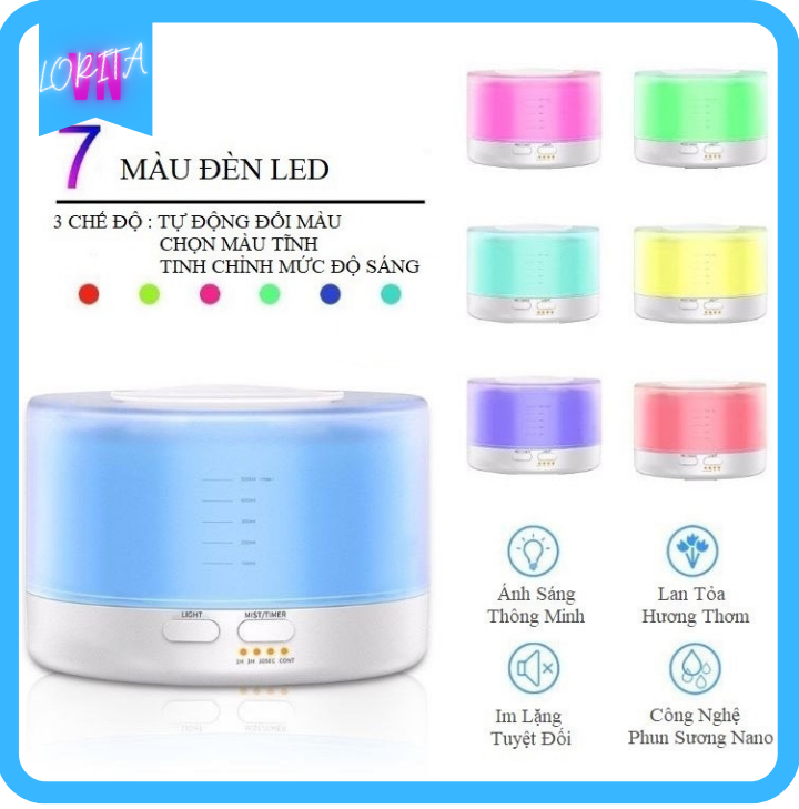 Máy xông tinh dầu siêu âm cao cấp 550ml  - Đèn LED 7 màu - Chế độ máy khuếch tán tinh dầu mạnh - Hẹn giờ tự tắt - Xông hơi liên tục 24h - Kèm Remote -  Tặng 1 tinh dầu 10ml