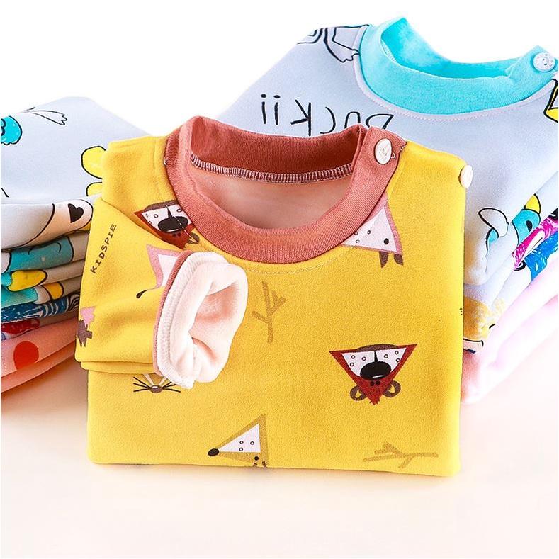 Bộ Quần Áo Thun Cotton Thu Đông Dài Tay Lót Nhung Dày Dặn Cho Bé Trai Màu Vàng Họa tiết - Me Yeu Con 1102 - Từ 7-27 Kg