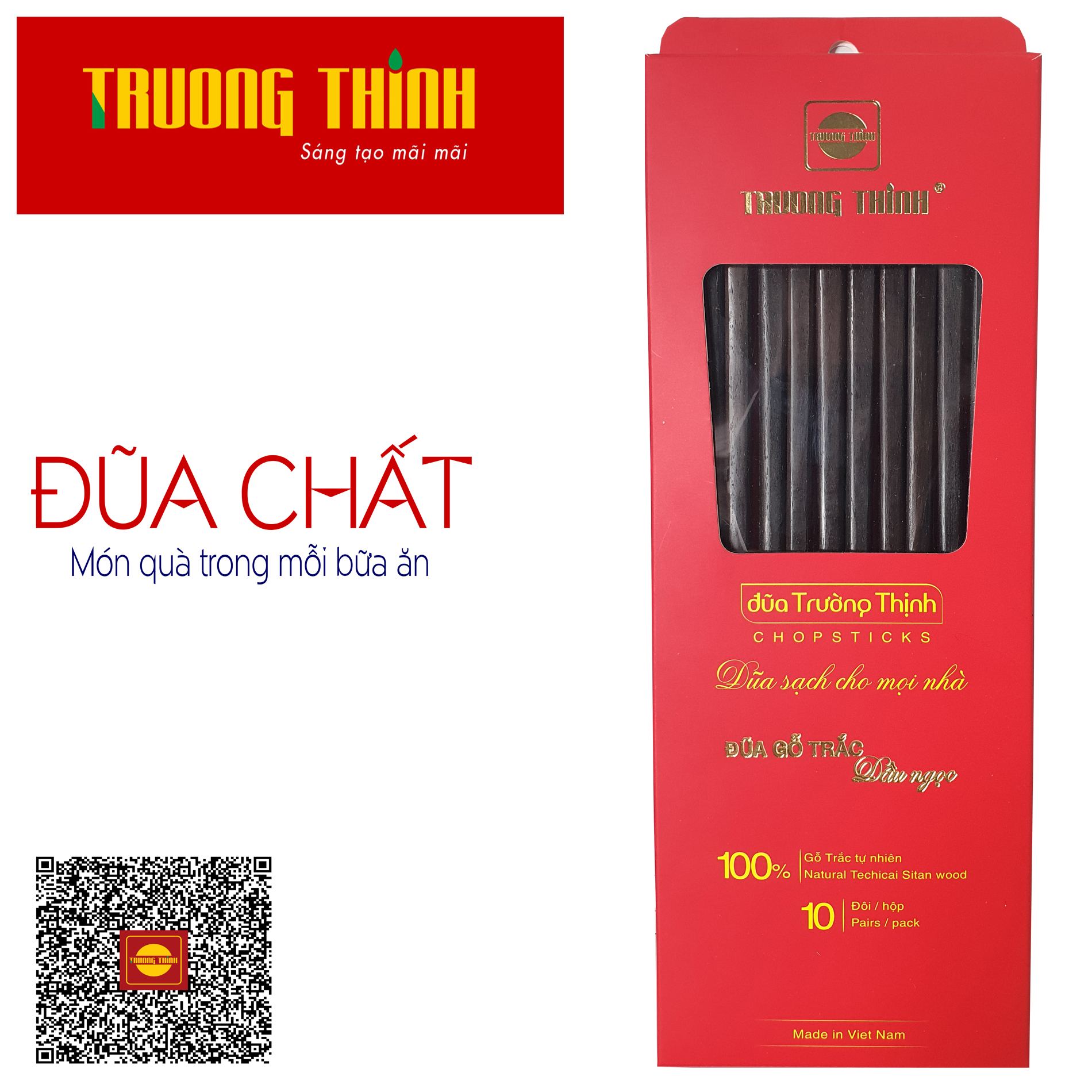 Đũa Gỗ Trắc Đen Cao Cấp Trường Thịnh Loại Đặc Biệt/ Hộp Màu Đỏ/ 10 Đôi Vuông Trơn