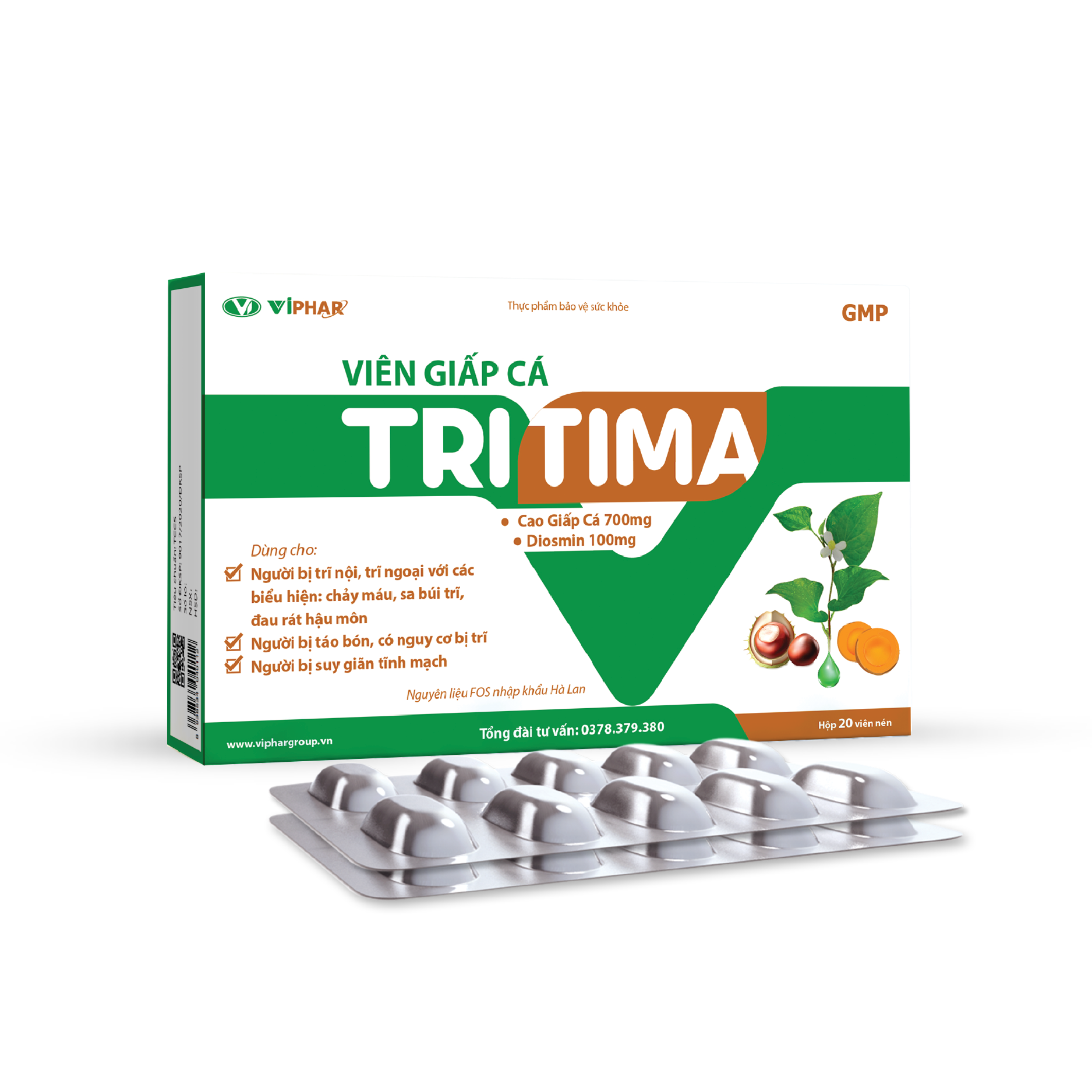 Viên giấp cá Tritima - Hổ trợ làm giảm các triệu chứng của Trĩ, suy gian tĩnh mạch và táo bón. Hộp 20 viên