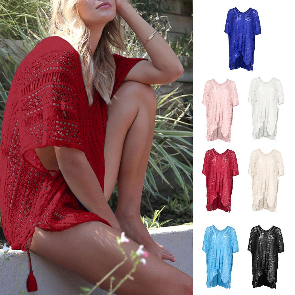 Womens V-Neck Swimwear Hollow Out Swimsuit Cover Up Knitted Beach Dresses
