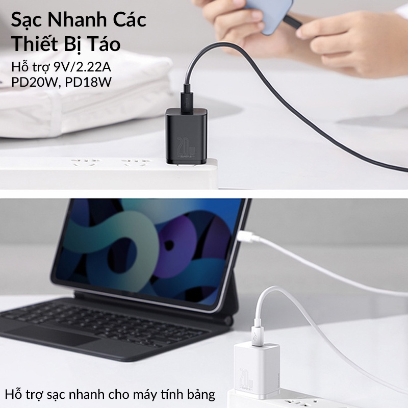 Adapter Cóc củ sạc type c sạc nhanh 20W chuẩn PD 3.0 Type-C hiệu Baseus Super Si trang bị chip sạc thông minh cho iPhone 12 / iPad Pro 2020 / Samsung / Oppo / Huawei / Vivo (phiên bản đầu cắm US-UK) - Hàng nhập khẩu