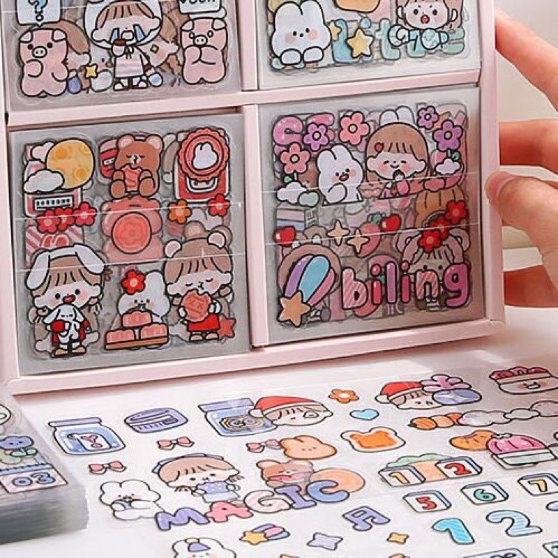 Tách Lẻ 30 tờ sticker size 8x8cm hình cô gái và bé thỏ dễ thương trang trí