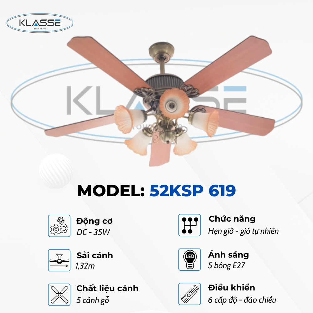 Quạt trần chùm đèn Klasse 52KSP 619 Hàng chính hãng