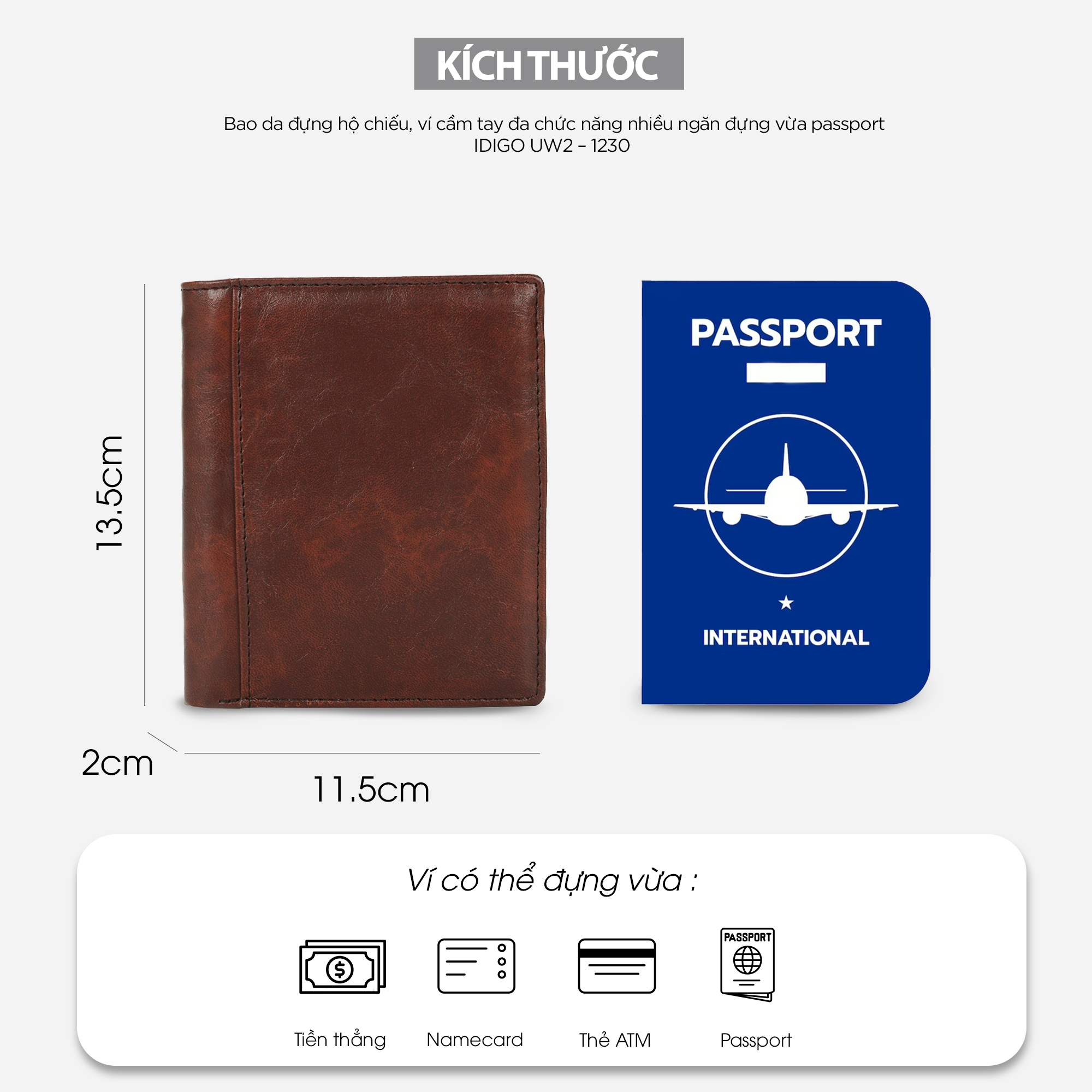 Bao da đựng hộ chiếu, ví cầm tay đa chức năng nhiều ngăn đựng vừa passport IDIGO UW2-1230