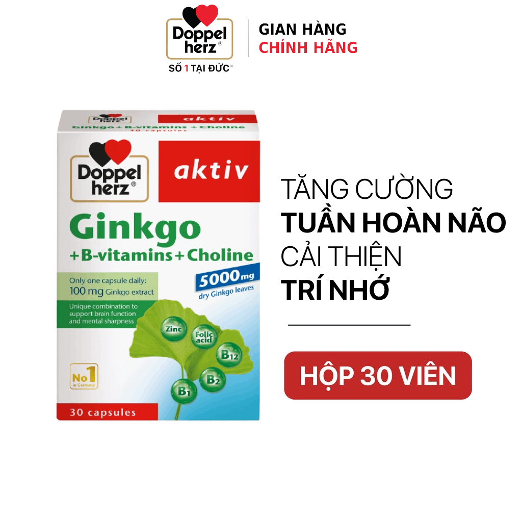 Viên uống bổ não Doppelherz Ginkgo hỗ trợ tăng cường tuần hoàn não và cải thiện trí nhớ (Hộp 30 viên)