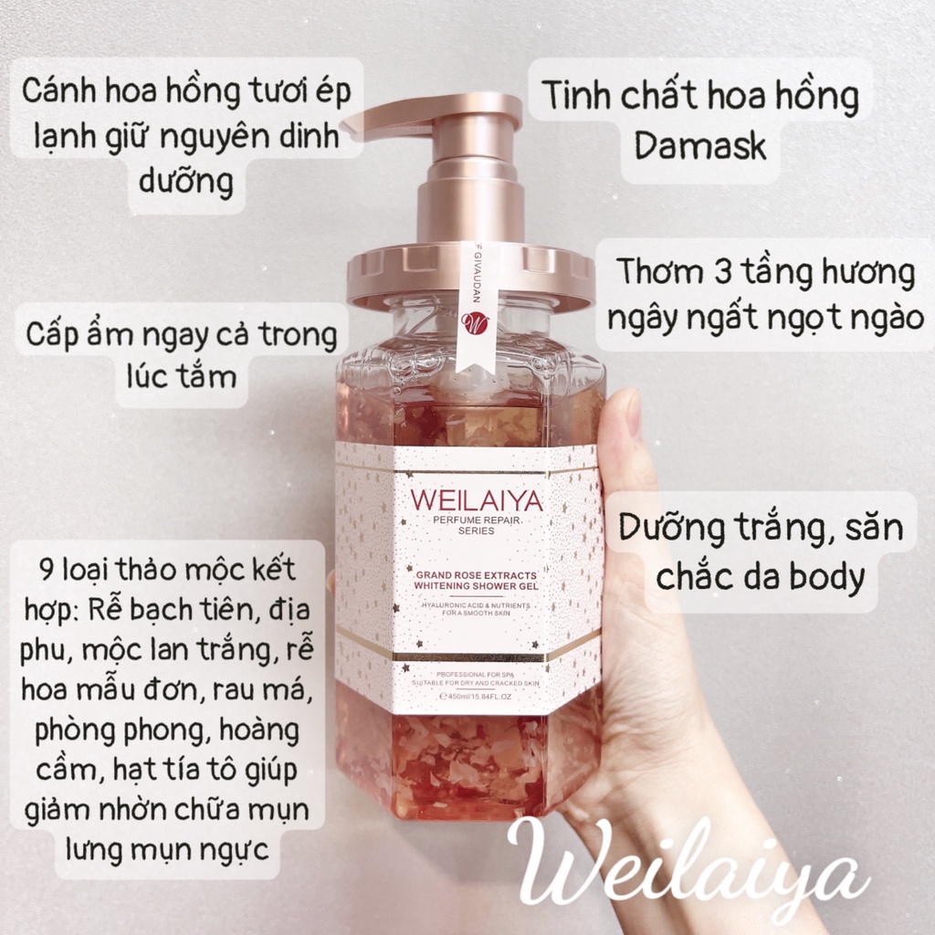 Sữa tắm Weilaiya trắng da cánh hoa hồng Damask 450ml