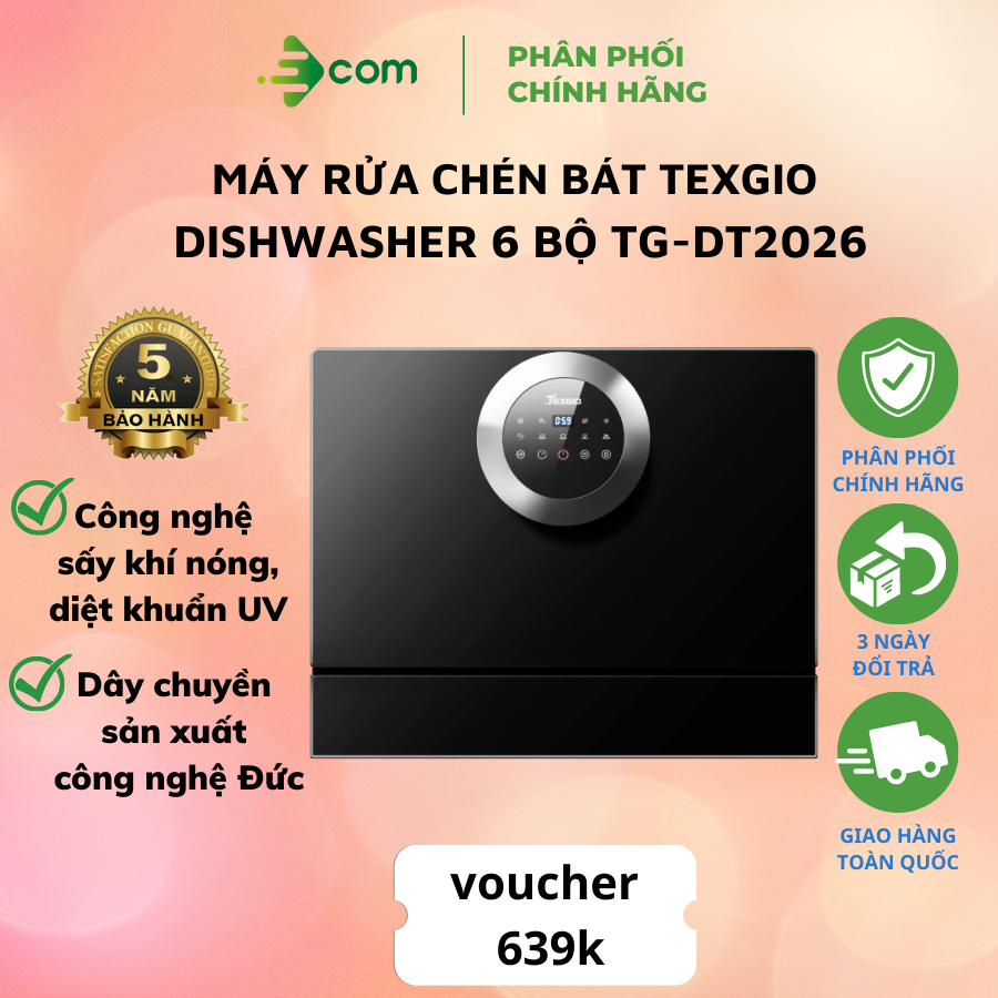 MÁY RỬA BÁT TEXGIO TG–DT2026 – 6 BỘ ĐỒ ĂN CHÂU ÂU – ĐIỀU KHIỂN CẢM ỨNG – ĐỘC LẬP CÓ THỂ LẮP ÂM - HÀNG CHÍNH HÃNG