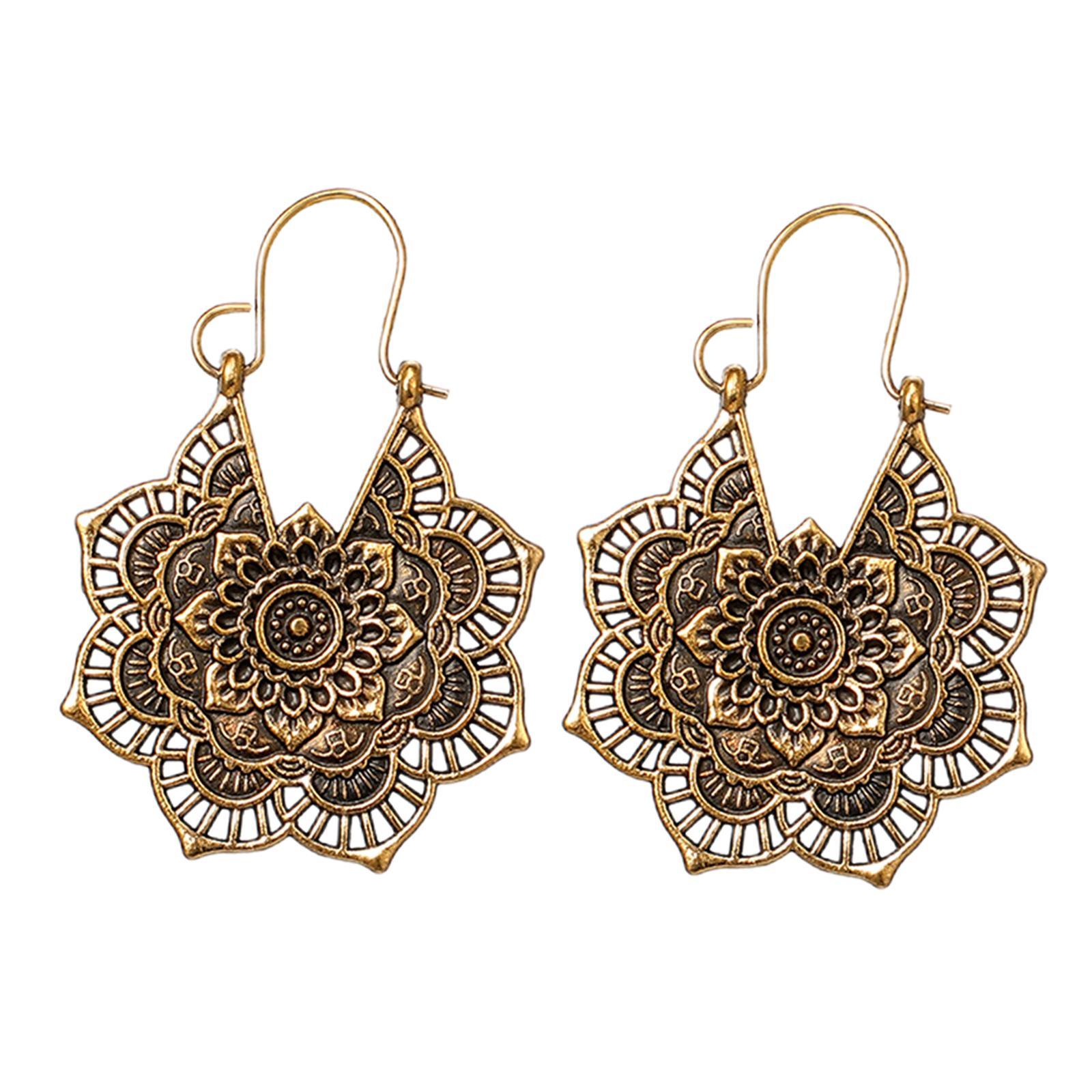 Women Ethnic Earrings Mandala Flower Retro Style Boho Tribal Ear Jewelry Gold