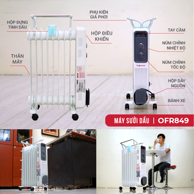 Máy sưởi dầu không khô da Nhật Bản nhập khẩu FUJIHOME OH8411 11 thanh , máy sưởi ấm điện không đốt oxi, tự động ngắt mini - Hàng chính hãng