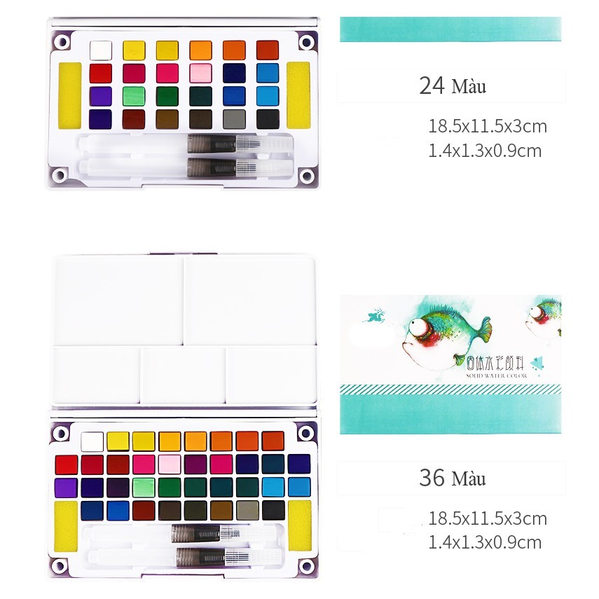 Màu Nước Solid Water Color Cao Cấp 12/18/24/36M Tặng 2 Bút Nước, 2 Mút - B30