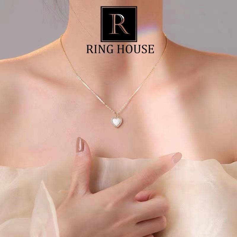 Dây Chuyền Vòng Cổ Nữ Titan Mặt Trái Tim Sáng Viền Ngọc Ring House