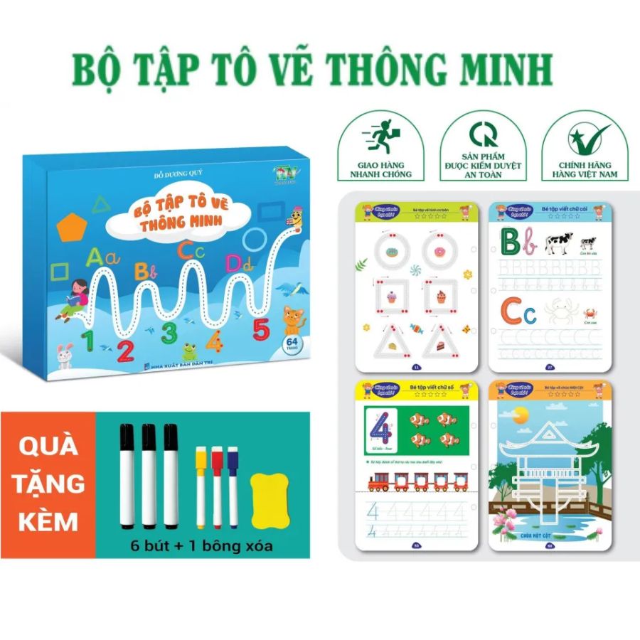 Tập tô vẽ thông minh, sách viết xóa được 64 trang - Đồ chơi Giáo dục toàn diện Montessori cho bé từ 2-3-4-5 tuổi