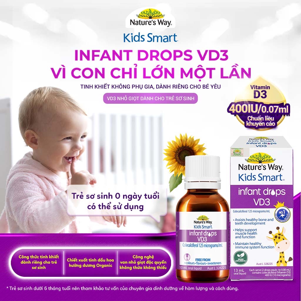 D3 Thuần Organic Nature's Way Kids Smart Infant Drops VD3 - Bổ Sung Vitamin D3 Organic Thuần Chay Cho Trẻ (Chai 13ml)