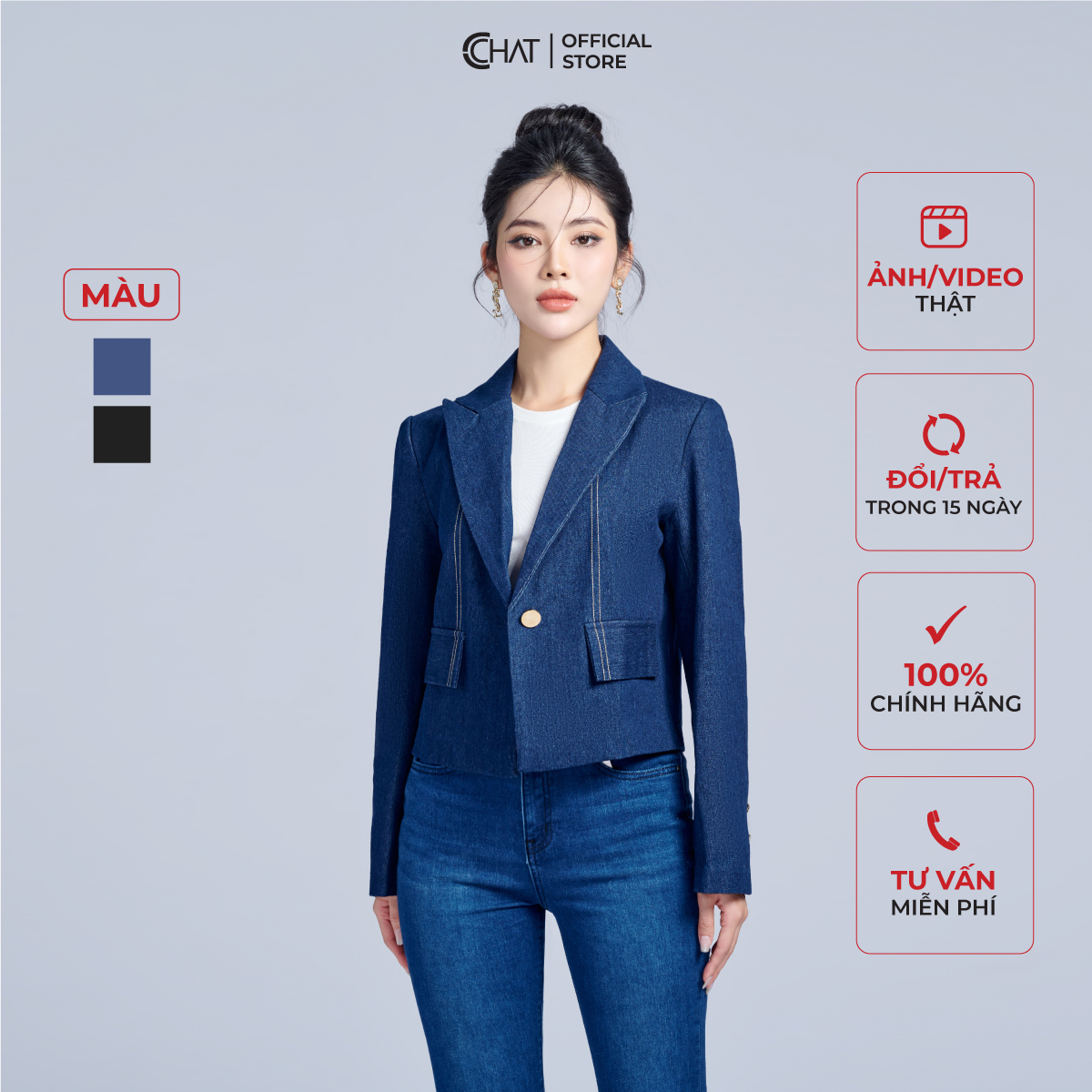 Áo Blazer Nữ CCHAT Diễu Chỉ Hai Nắp Túi Jeans Cao Cấp 22EHJ2012ST