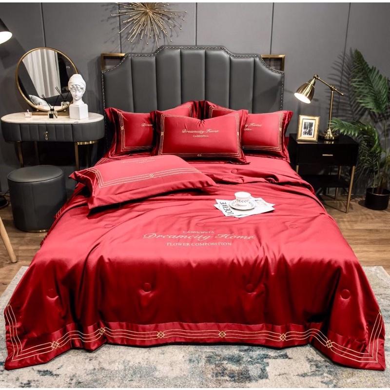 Bộ Chăn Trần Ga Và Gối Phi Lụa DreamCity Home Thêu 3 Sọc Tiện Lợi Cho Mùa Hè Thu ,Có Đủ Kích Thước Gường