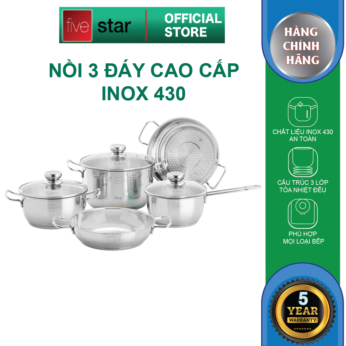 Bộ Nồi Chảo 3 Đáy Inox 430 Cao Cấp Fivestar Standard 6 món nắp kính , tặng 5 muỗng ăn