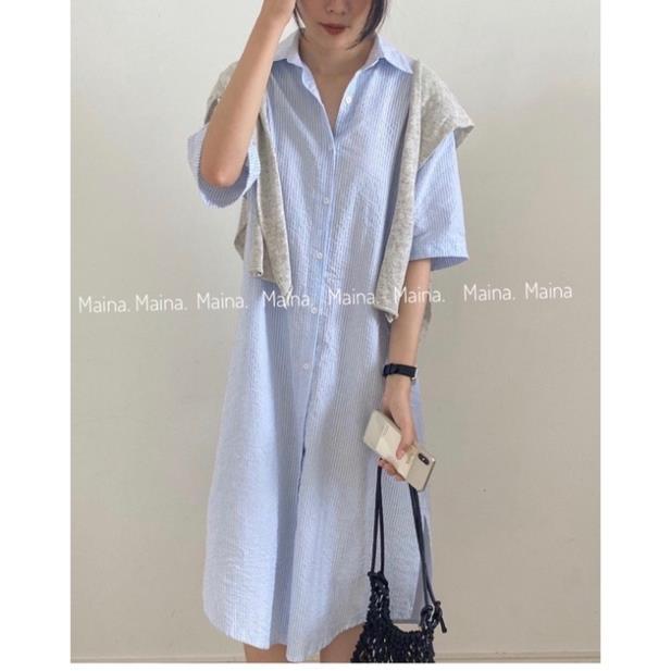 Váy polo form rộng cộc tay kẻ sọc - Đầm sơ mi dáng oversize