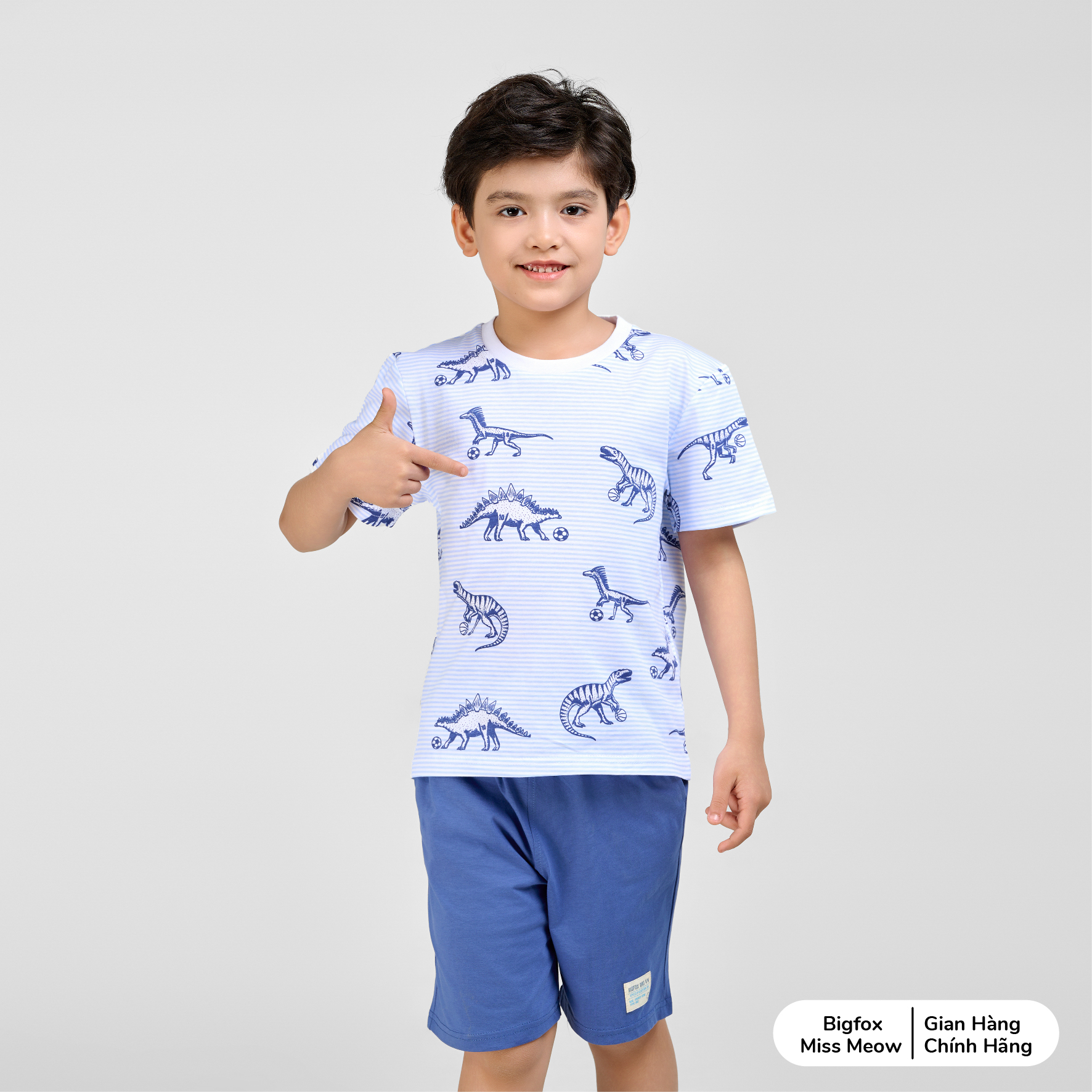 Bộ cộc tay cho bé trai Bigfox Miss Meow chất cotton size đại mùa hè in đẹp cỡ 3,7,9,11 tuổi 30kg 40kg