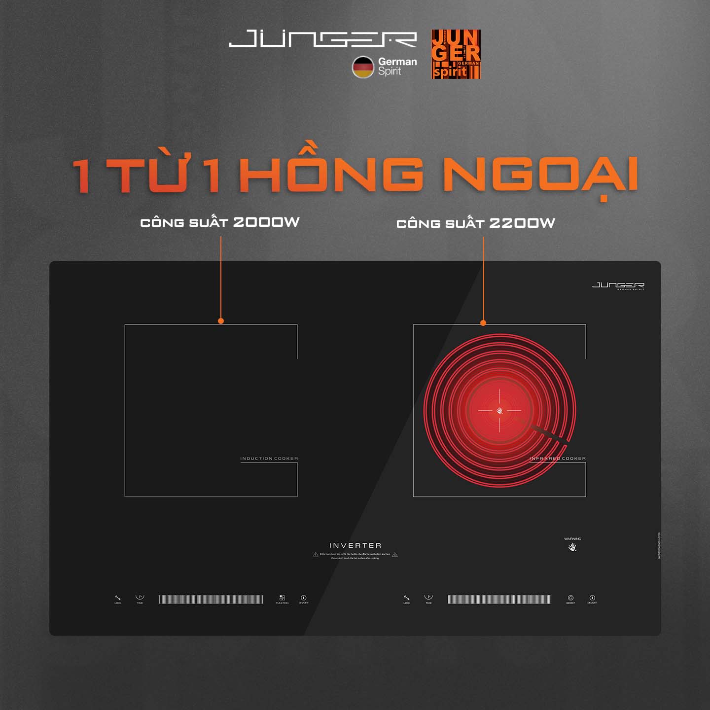 Bếp đôi điện từ hồng ngoại Junger NKD-20 4200W Không kén nồi Hàng Chính Hãng Bảo Hành 36 Tháng