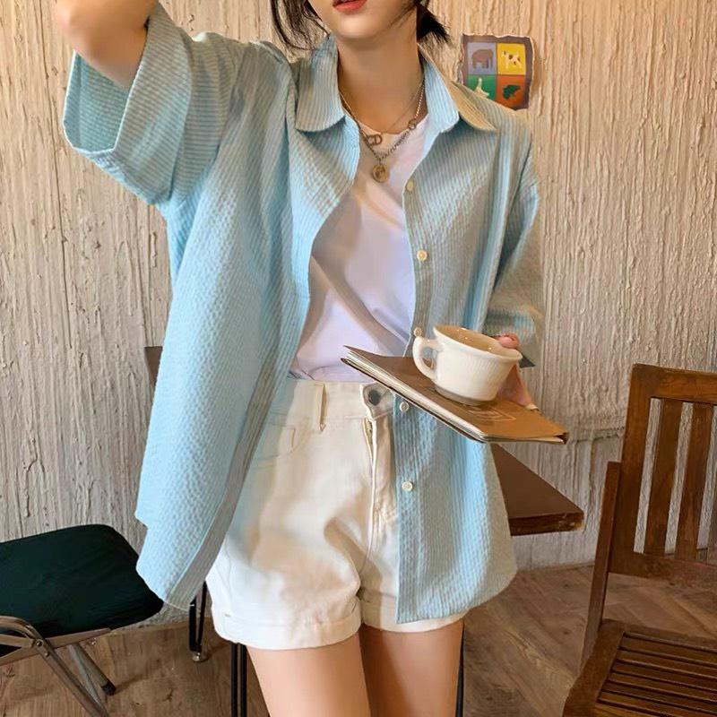Áo Sơ Mi Kẻ Xốp Dáng Thụng Cộc Tay