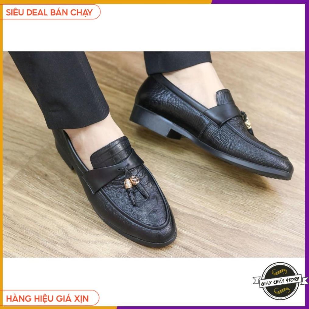 GIÀY LƯỜI DA NAM GIÁ RẺ - DẬP VÂN CÁ SẤU CÓ CHUÔNG VÀNG - ĐẾ CAO 3CM - MÃ L184