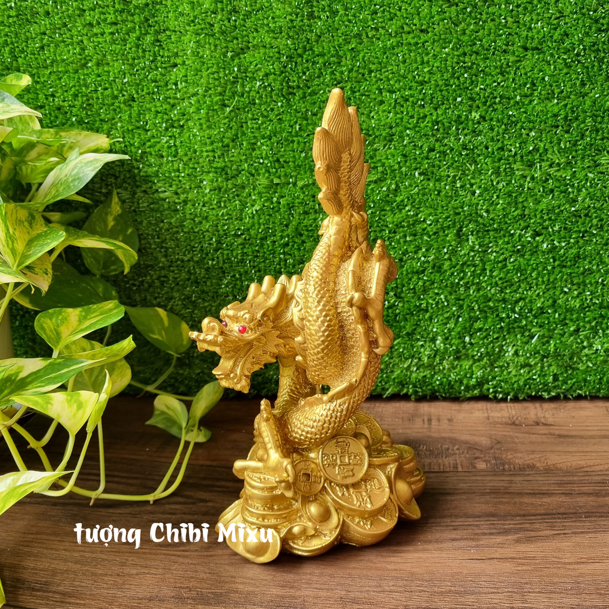 Tượng Rồng cuộn sơn nhũ ngang 14cm x cao 27cm