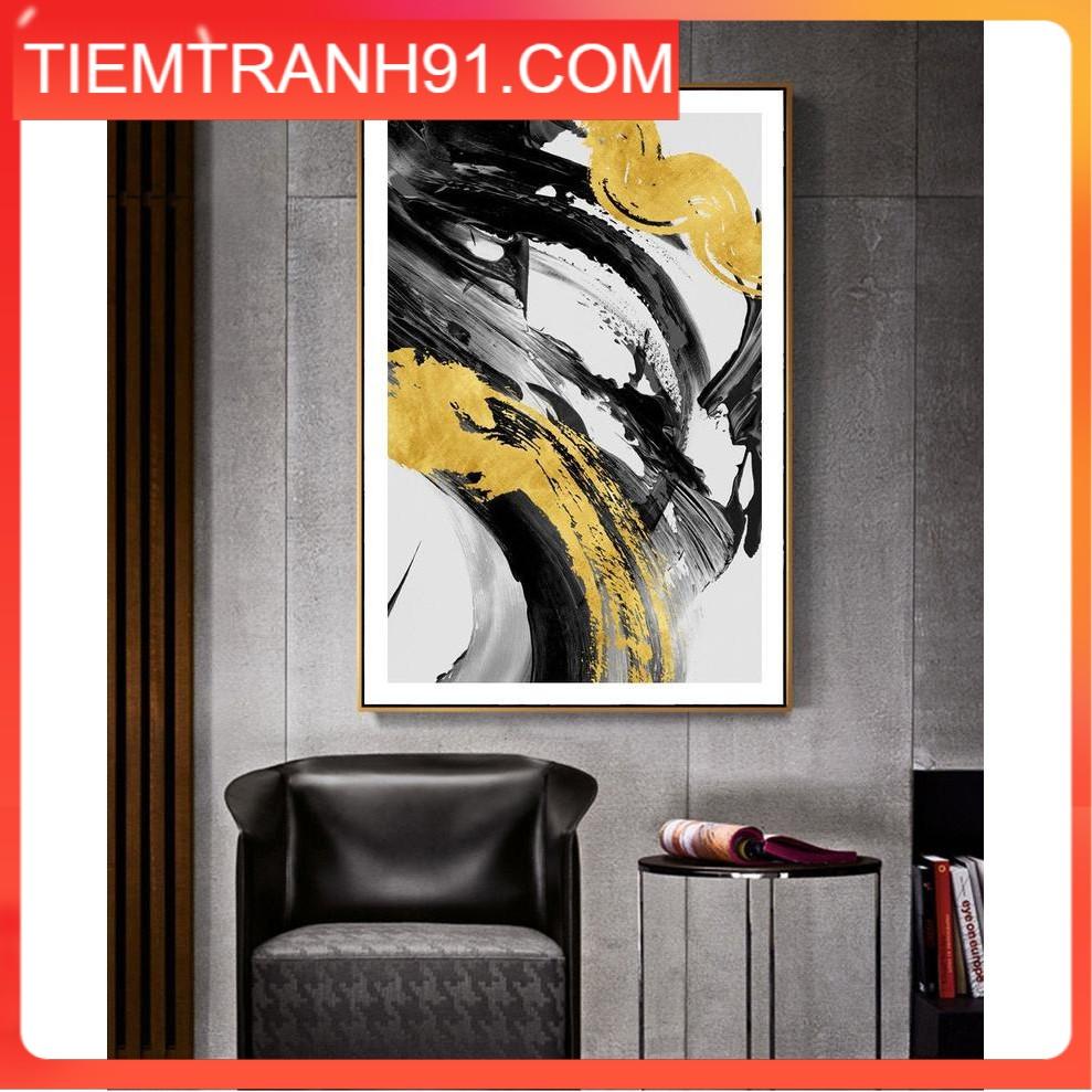 Tranh Canvas Cao Cấp | Tranh trừu tượng Abstract ink artwork, black and gold foil wall art