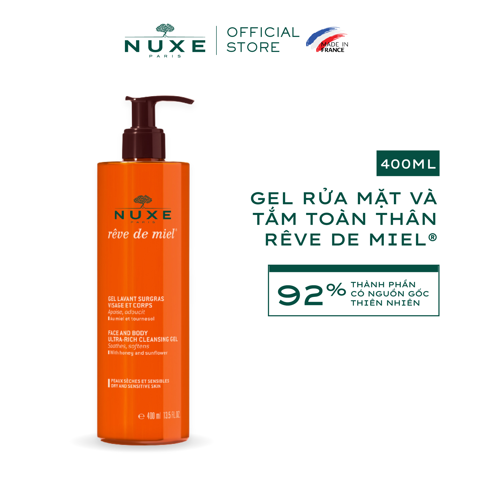 Gel rửa mặt và tắm toàn thân Nuxe Rêve de Miel® 400ml