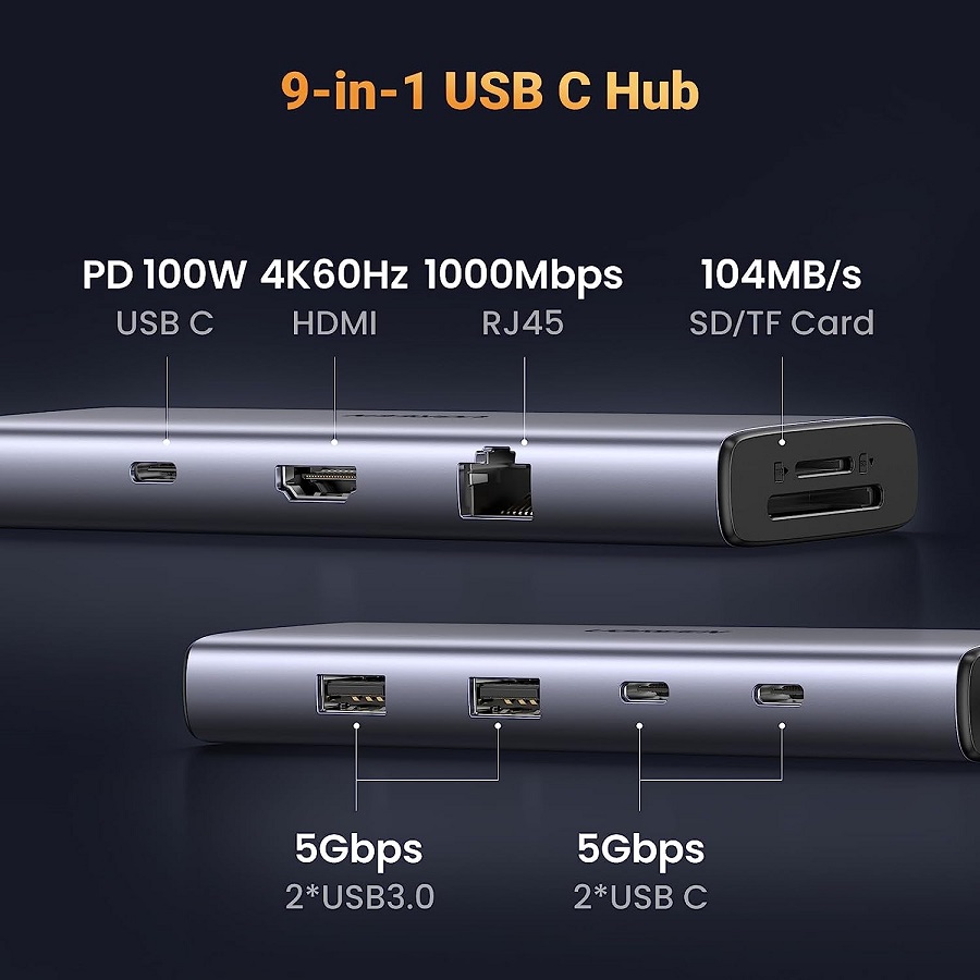 Hub USB-C 9 in 1 Ugreen 15375 CM498 HDMI 4K 60Hz, RJ45 1Gbps, USB 3.0, SD TF with PD 100W hàng chính hãng