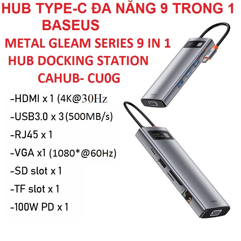 Hub / Bộ chia cổng Type-C đa năng 9 in 1 Baseus Metal Gleam Series CAHUB- CAHUB-CU0G  _ Hàng chính hãng