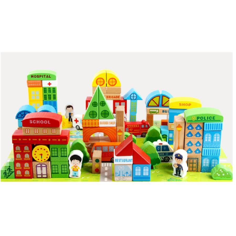 Đồ chơi mô hình giao thông - mô hình thành phố 100 chi tiết gỗ cho bé