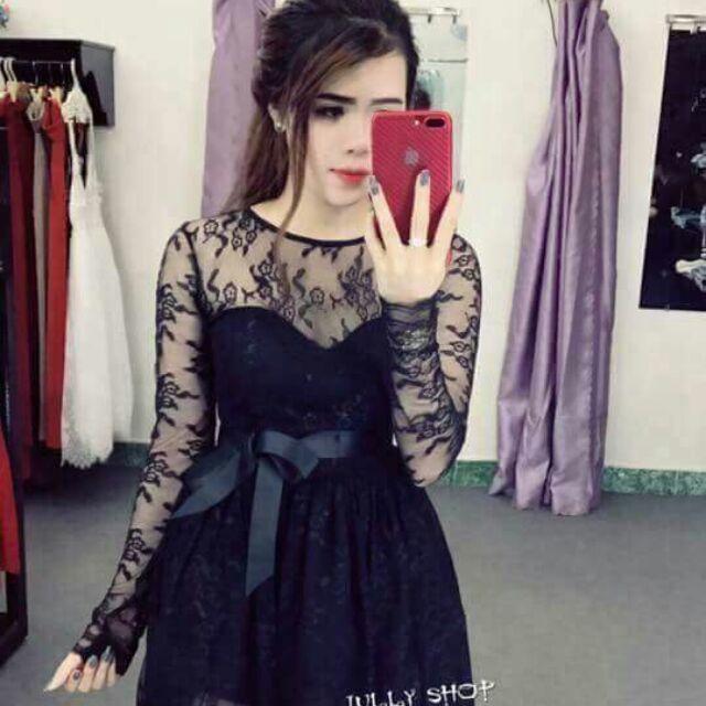 Đầm xòe tay dài ren thắt nơ eo