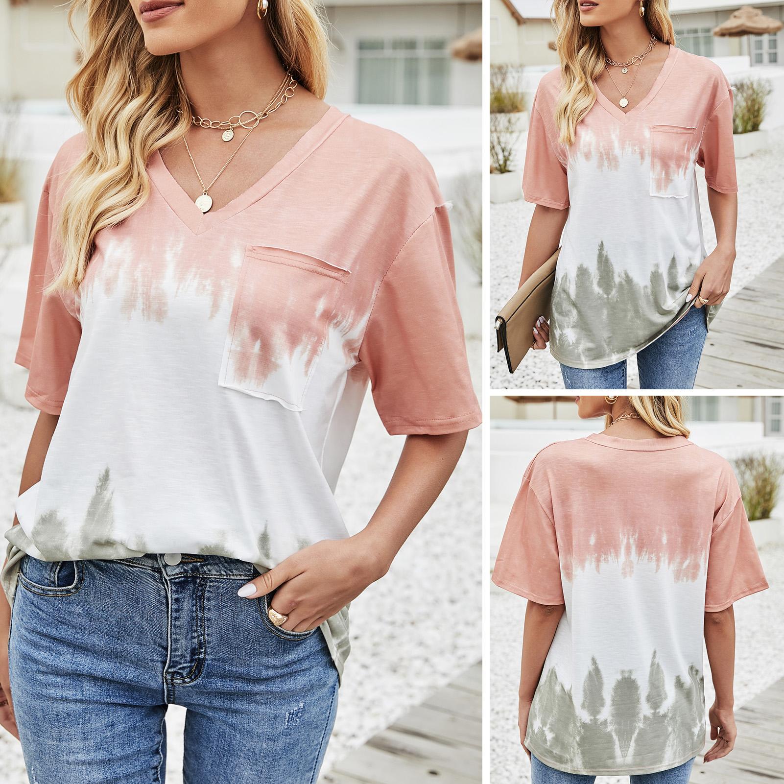 Women Tie-Dye T-Shirt with Pocket Loose V-Neck Short Sleeve Tee Pullover Casual Summer Beach