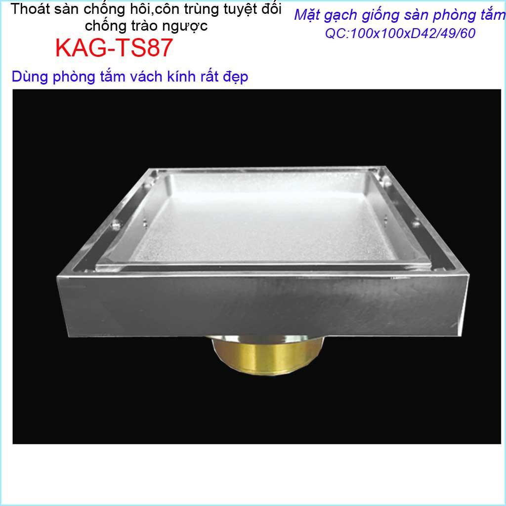 Thoát sàn mặt cắt gạch10x10m, thoát sàn âm inox 304 KAG-TS87, phễu thoát sàn chống hôi chống côn trùng Inox Roca